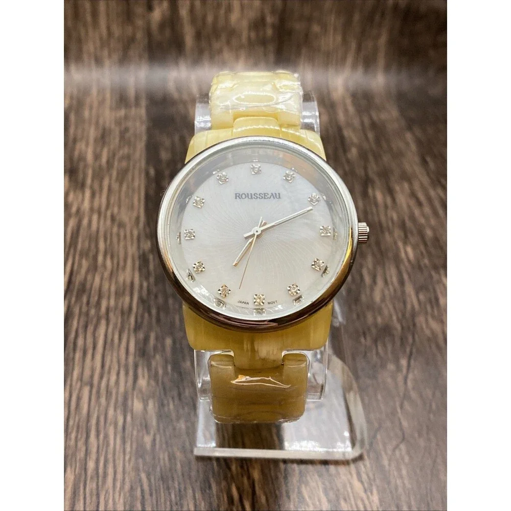 NEW Rousseau Women's Adele Silver Case Bone Marble Acrylic Band Watch - Picture 2 of 6